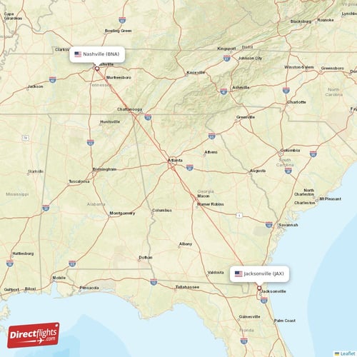 Jacksonville - Nashville direct flight map