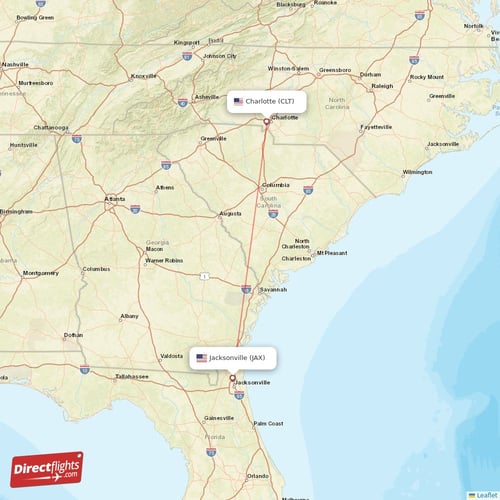 Jacksonville - Charlotte direct flight map