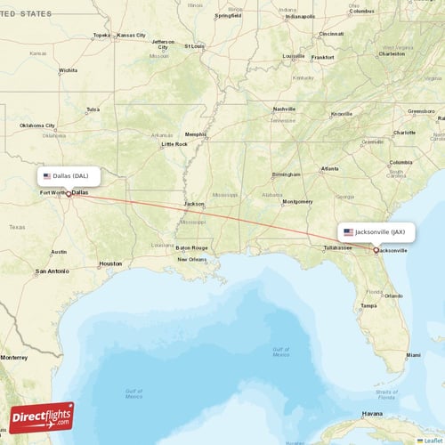 Jacksonville - Dallas direct flight map