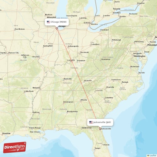 Jacksonville - Chicago direct flight map