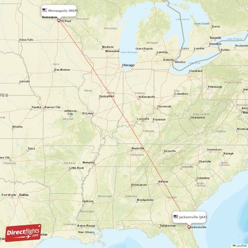 Jacksonville - Minneapolis direct flight map