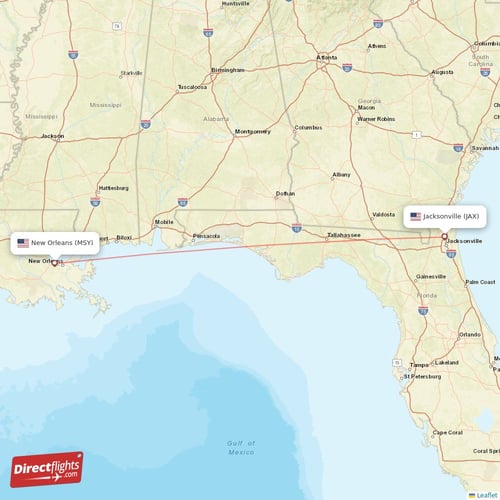 Jacksonville - New Orleans direct flight map
