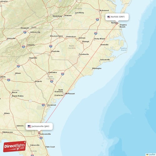 Jacksonville - Norfolk direct flight map