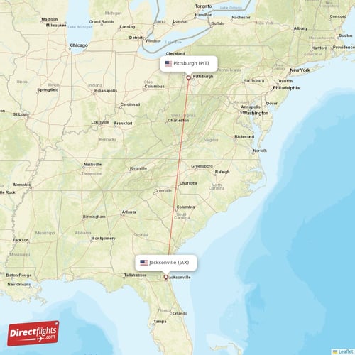 Jacksonville - Pittsburgh direct flight map