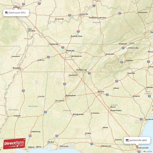 Jacksonville - Saint Louis direct flight map