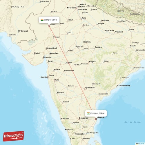 Jodhpur - Chennai direct flight map