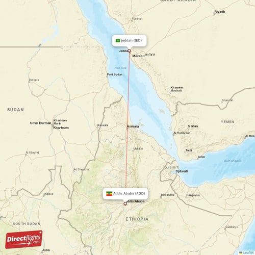 Jeddah - Addis Ababa direct flight map
