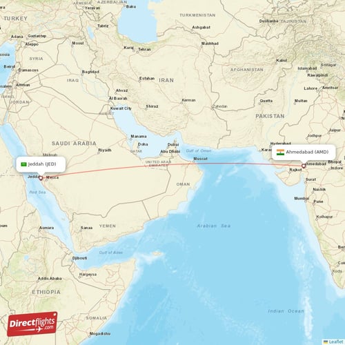 Jeddah - Ahmedabad direct flight map
