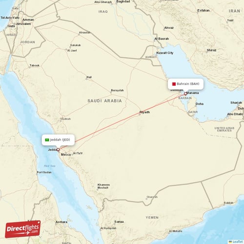 Jeddah - Bahrain direct flight map