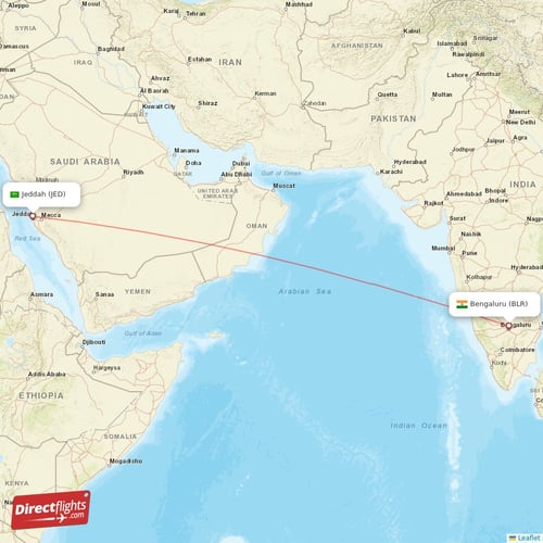 Jeddah - Bengaluru direct flight map