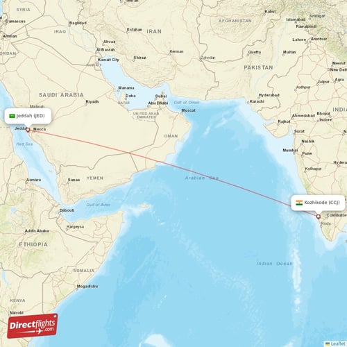 Jeddah - Kozhikode direct flight map