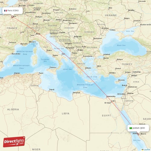 Jeddah - Paris direct flight map