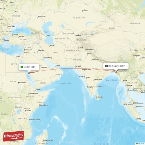 Jeddah - Chittagong direct flight map