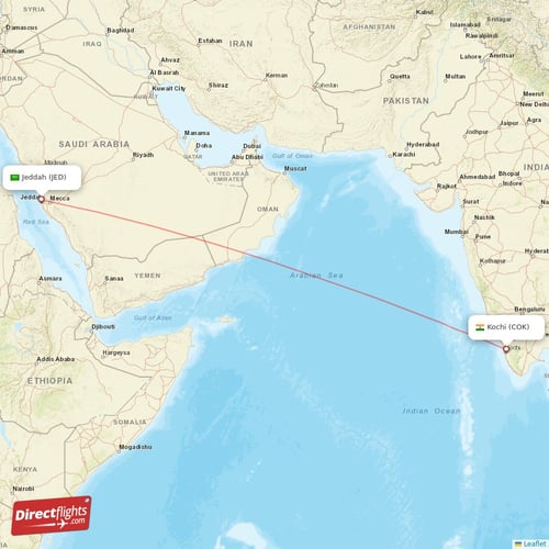 Jeddah - Kochi direct flight map