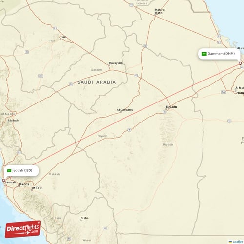 Jeddah - Dammam direct flight map