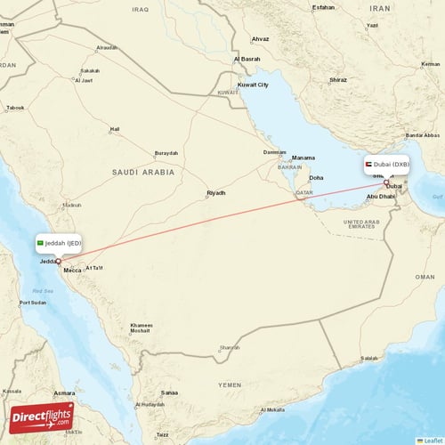 Jeddah - Dubai direct flight map