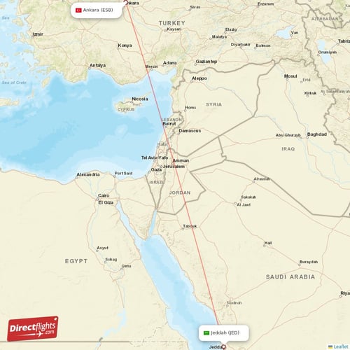 Jeddah - Ankara direct flight map