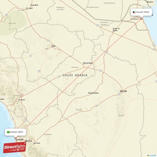 Jeddah - Kuwait direct flight map