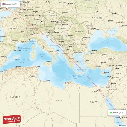 Jeddah - London direct flight map