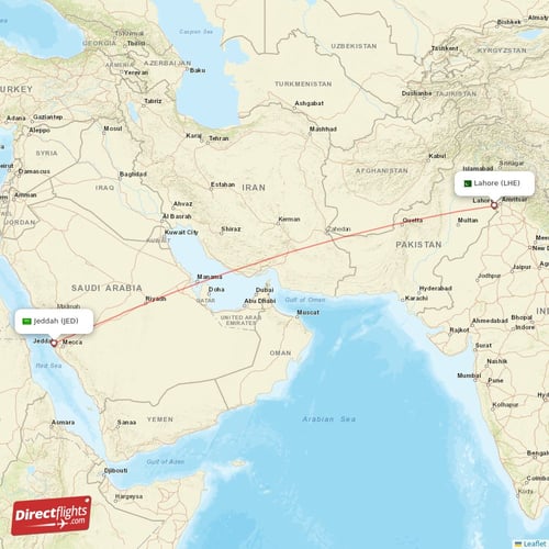 Jeddah - Lahore direct flight map