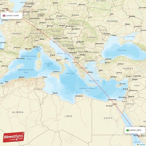 Jeddah - London direct flight map
