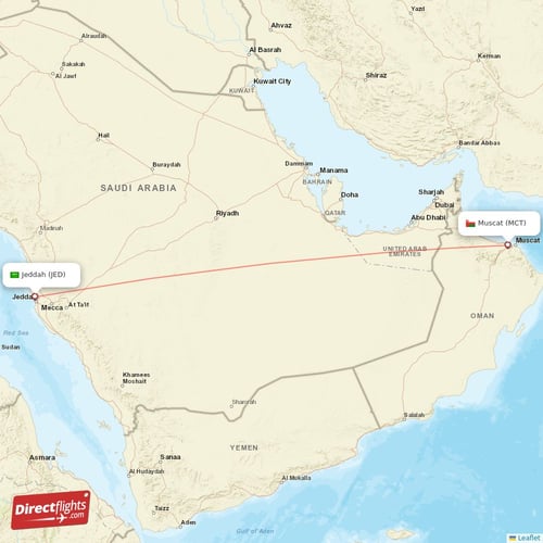 Jeddah - Muscat direct flight map