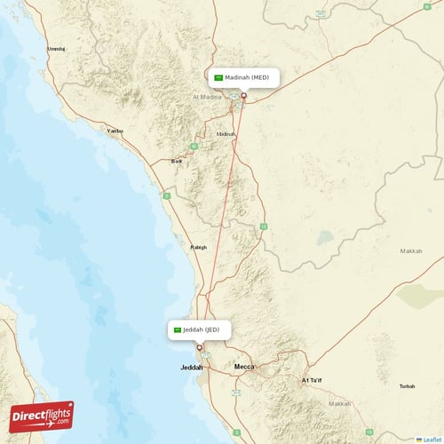 Jeddah - Madinah direct flight map