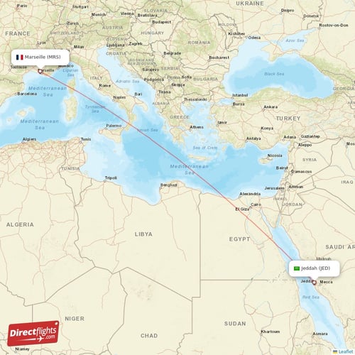 Jeddah - Marseille direct flight map