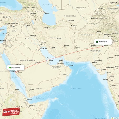 Jeddah - Multan direct flight map
