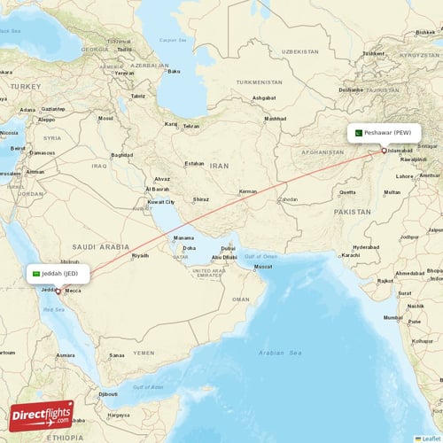 Jeddah - Peshawar direct flight map