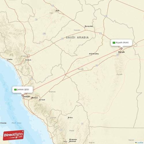 Jeddah - Riyadh direct flight map
