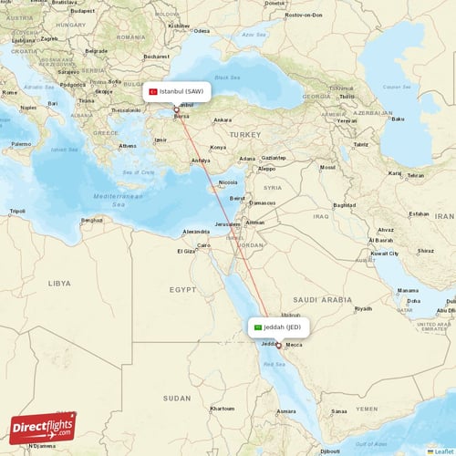 Jeddah - Istanbul direct flight map