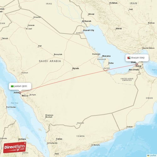 Jeddah - Sharjah direct flight map