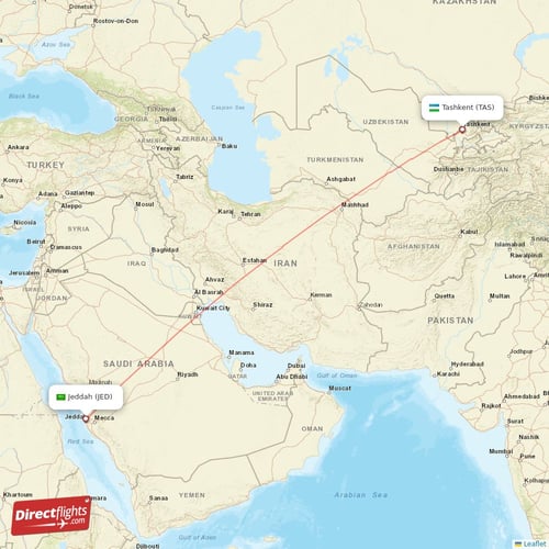 Jeddah - Tashkent direct flight map