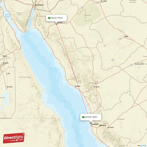 Jeddah - Tabuk direct flight map