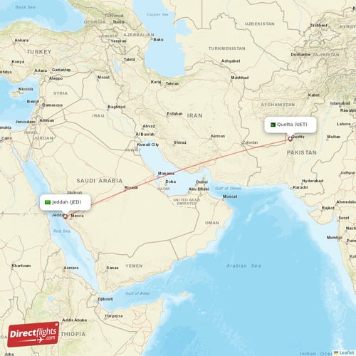 Jeddah - Quetta direct flight map