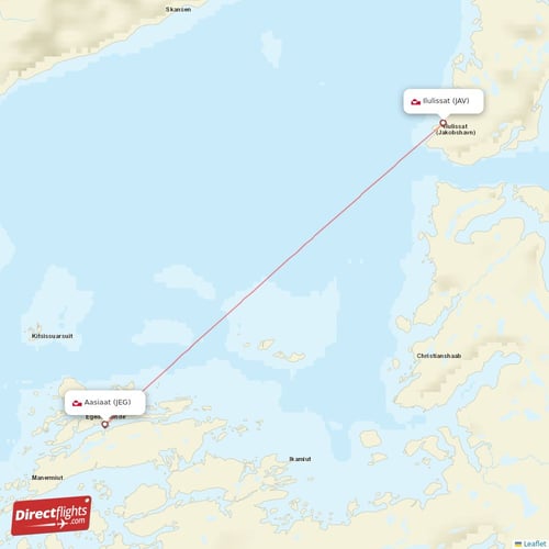 Aasiaat - Ilulissat direct flight map