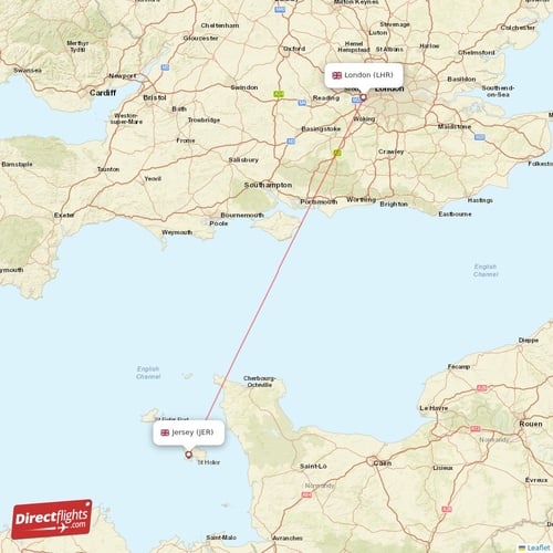 Jersey - London direct flight map