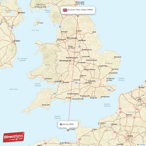Jersey - Durham Tees Valley direct flight map