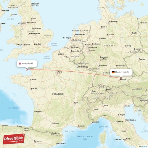 Jersey - Munich direct flight map