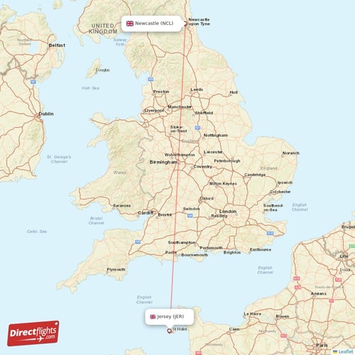 Jersey - Newcastle direct flight map