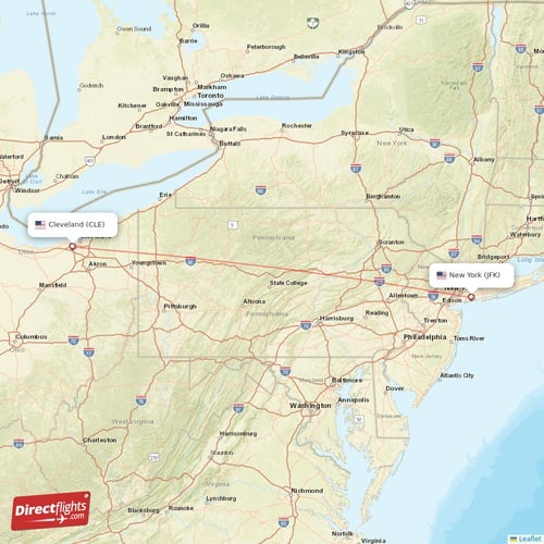 New York - Cleveland direct flight map