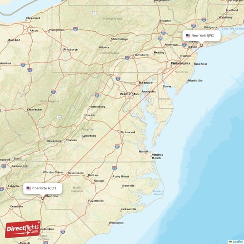 New York - Charlotte direct flight map