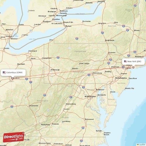 New York - Columbus direct flight map