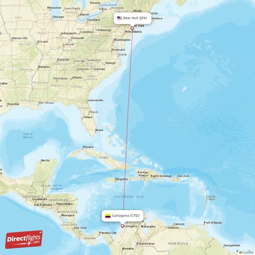 New York - Cartagena direct flight map