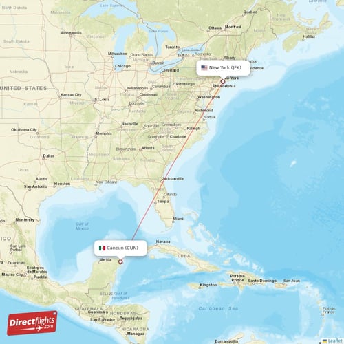 New York - Cancun direct flight map