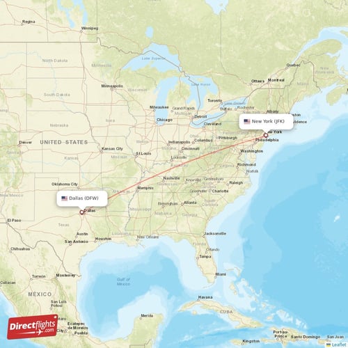 New York - Dallas direct flight map