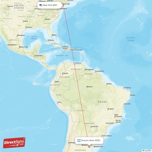 New York - Buenos Aires direct flight map