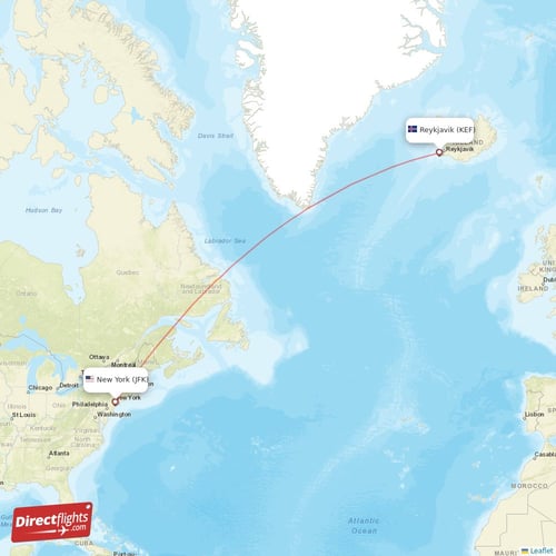 New York - Reykjavik direct flight map