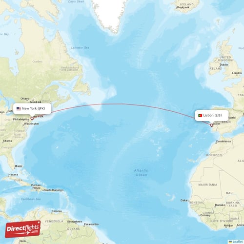 New York - Lisbon direct flight map